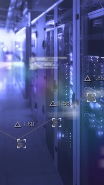 Vertical video: Server racks showing LEDs, HUD markers moving while flare causing blur for tech ops