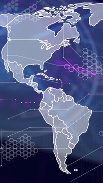 Vertical video: Feed driving Americas map into borders, hex grid locking, showing tech networks