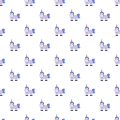 Naklejka premium Cute purple unicorns forming a repeating seamless pattern on a clean white background