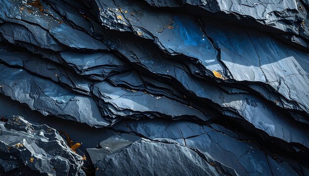 A dark blue rocky cliff face with jagged edges and gold accents