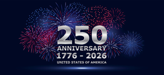 Patriotic 250 anniversary 1776 2026 text banner with fireworks on dark background. Celebration design for United States independence. For events, posters and promotions © Helen