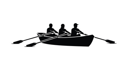 A black silhouette depicts three rowers in a boat actively paddling on calm waters a striking silhouette © Komla02