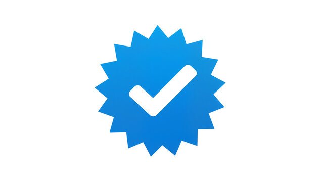 Blue verified badge with white checkmark, isolated on transparent background