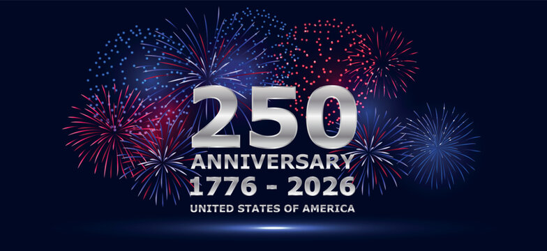 Patriotic 250 anniversary 1776 2026 text banner with fireworks on dark background. Celebration design for United States independence. For events, posters and promotions
