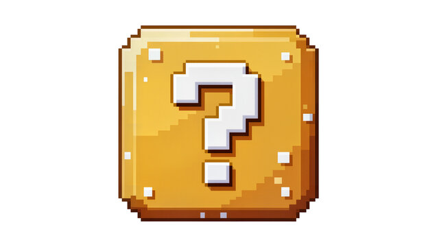 Pixelated golden question mark block iconic retro video game item, isolated on transparent background