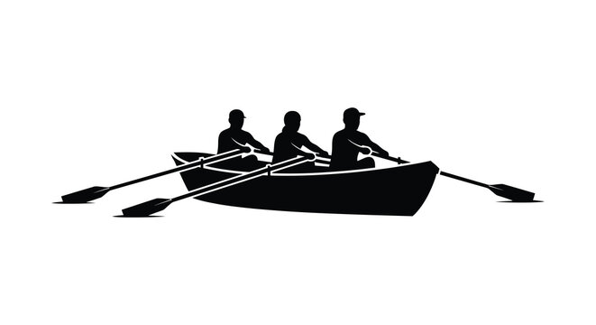 A black silhouette depicts three rowers in a boat actively paddling on calm waters a striking silhouette