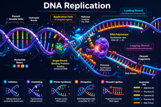 Labeled DNA Replication Process Diagram with Leading and Lagging Strand
