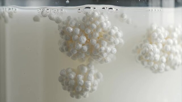 Close Up Of Milk Kefir Grains Clumps Floating In Milk Developing Probiotic Culture For Fermented Dairy Beverage