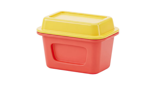 Red and yellow plastic storage container with lid