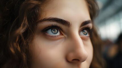 Fototapeta premium A thoughtful portrait capturing a person s striking gaze as they look into the distance within a softly lit modern environment