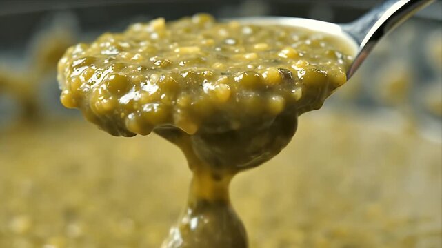 Close-Up of Mung Bean Porridge Bubur Kacang Hijau on Spoon Detail of Indonesian Dessert with Soft Texture and Creamy