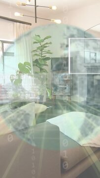 Vertical video: AR disk moving from right expanding obscuring sofa, TV fading and showing tech UI