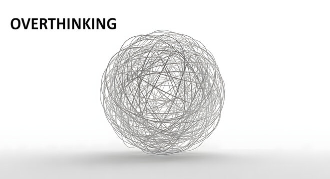 Overthinking tangled ball illustration representing complex thoughts and mental overload