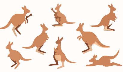 Obraz premium Playful cute kangaroo vector set with joey and funny cartoon poses in dynamic composition isolated on white