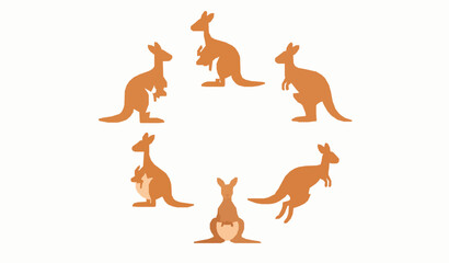 Fototapeta premium Cute kangaroo characters vector in circular layout with joey and happy cartoon poses isolated on white