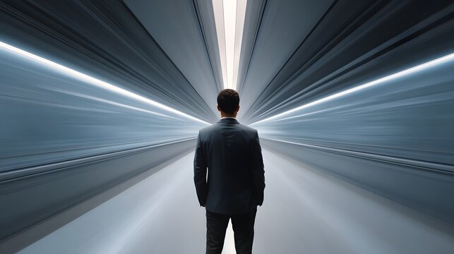 A professional stands facing a brilliantly illuminated linear tunnel symbolizing the start of a journey toward success and new business frontiers
