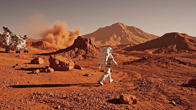 Astronaut walking into orange Martian landscape alone concept. Astronaut exploring red rocky terrain on Mars with futuristic rover and mountain under clear sky