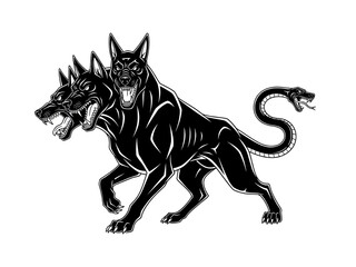 Fototapeta premium Three-headed Cerberus dog with serpent tail, menacing pose