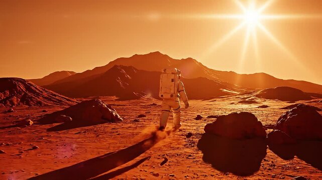 Astronaut walking into orange Martian landscape alone concept. Astronaut exploring the surface of Mars with rocky terrain and bright sun in the background