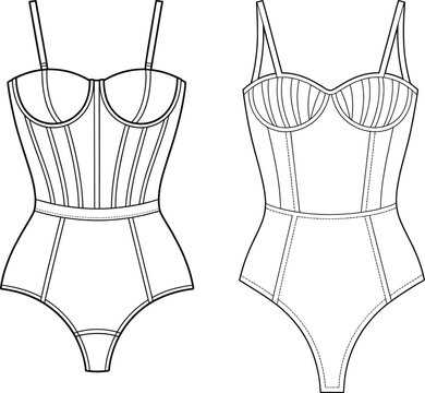 Structured corset bodysuit technical drawing set, front views, underwire cups, panel seam detailing, fitted silhouette lingerie apparel template &ndash; vector illustration