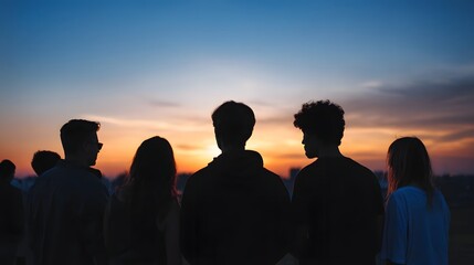 Fototapeta premium A group of friends stands together viewing the vibrant colors of the sunset over the distant horizon