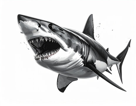 Aggressive hammerhead shark with wide grin and sharp teeth on white background