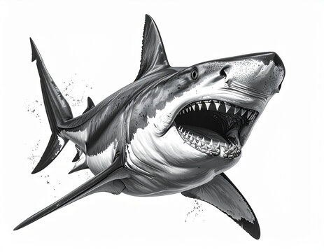 An aggressive hammerhead shark swims with a wide grin showing sharp teeth on a white background.