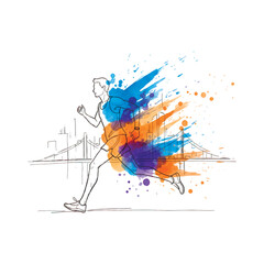 Fototapeta premium Sketch of a man running with vibrant blue and orange watercolor splashes. Artistic urban marathon illustration featuring a bridge and city skyline background. Dynamic energy and motion concept.