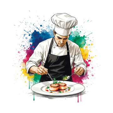 Professional chef plating a gourmet meal with colorful watercolor splashes background. Artistic vector illustration of a culinary master at work, perfect for restaurant and fine dining concepts.