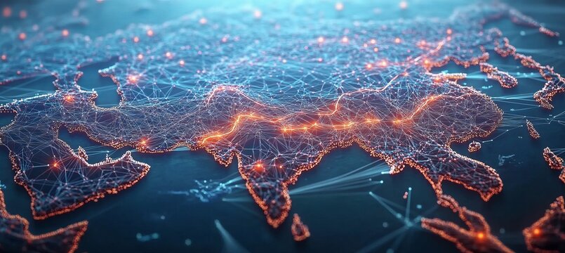 Abstract representation of India in Asia, featuring a conceptual illuminated network of connections.