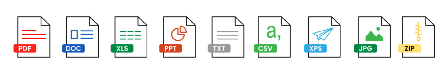 Software and documents business extension black icons, office file types, application format symbols collection. Dark digital workspace, data management, file organization, technology interface design © Sunil