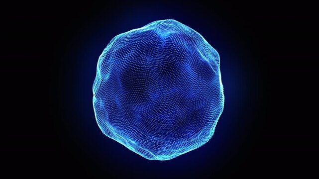 Abstract blue 3d sphere background. Glowing sphere of digital particles on black. Information technology, big data, AI. Futuristic 3d globe and energy orb. Blue neon sphere liquid motion. 4k loop.