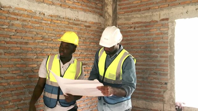 Two construction workers in hard hats review blueprints and point at details inside a brick-walled building under construction.