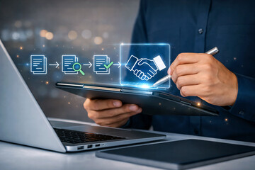 Fototapeta premium Businessman uses a digital tablet to interact with a holographic workflow visualization that displays document verification and professional agreement icons for modern.