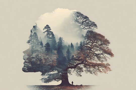 A surreal double exposure art piece featuring a human head silhouette filled with a misty forest landscape and a solitary figure.