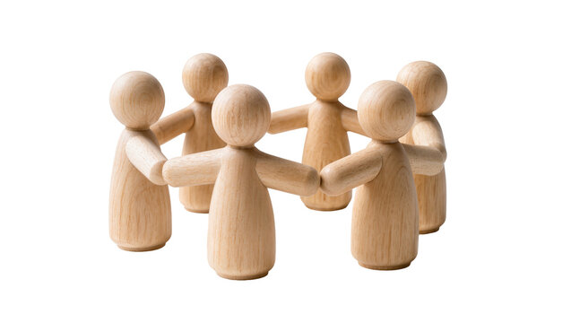 Six wooden peg dolls holding hands in a circle, isolated on transparent background