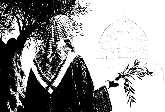 Palestinian Heritage Silhouette: Woman in Thobe with Olive Branch Vector, Culture, Tradition, and Peace in Jerusalem Icon