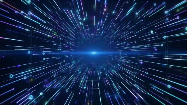 digital matrix futuristic lines animation, animated vector lines forming a glowing digital network with pulsating nodes and flowing particles, smooth cinematic motion graphics, cyber interface design,
