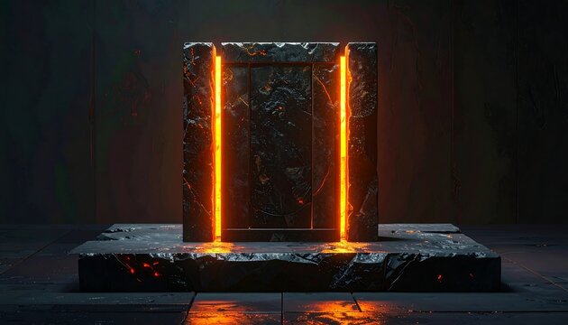 A glowing rectangular prism on a dark marble platform
