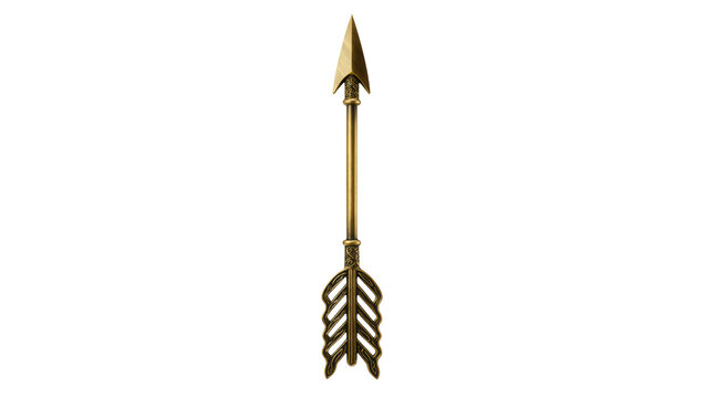 Ornate antique golden arrow with fletching, isolated on transparent background
