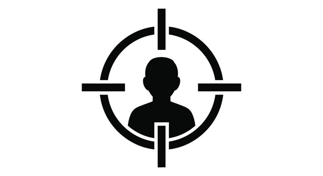 A black target reticle focuses on a dark human head creating a stark visual representation of being targeted silhouette