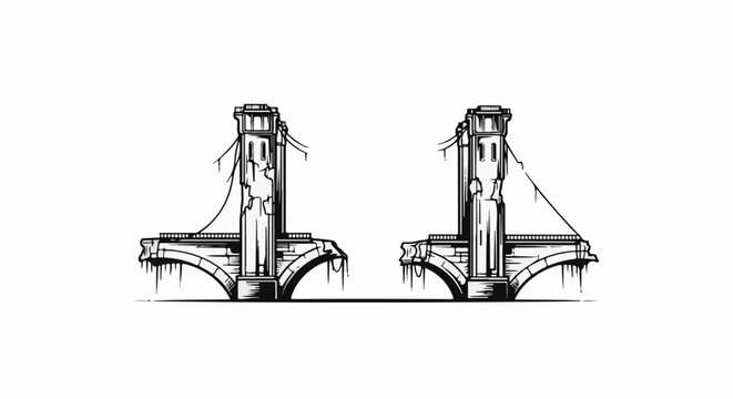 Two ruined bridge towers with hanging cables and arched foundations
