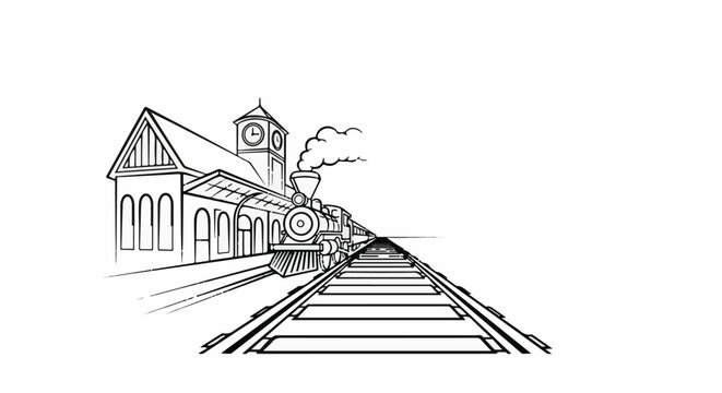 Vintage steam train departing from a station with a clock tower