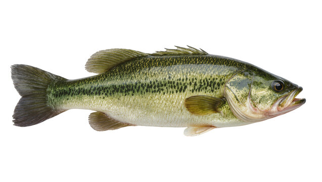 Large mouth bass fish with green and black stripes, isolated on transparent background