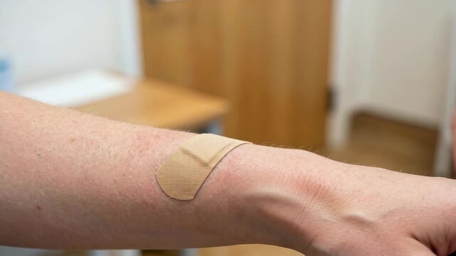 Hand applying adhesive bandage on arm wound, closeup healthcare scene showing first aid, injury care, hygiene, safety, treatment, and home medical routine.