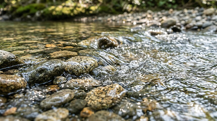 Fototapeta premium Crystal clear river water flowing over smooth pebbles close up
