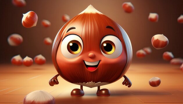 Cheerful firefly hazelnut character surrounded by floating hazelnuts in a warm, playful setting