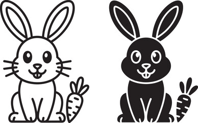 Fototapeta premium Cute cartoon rabbit and carrot pair illustration, line art and solid silhouette