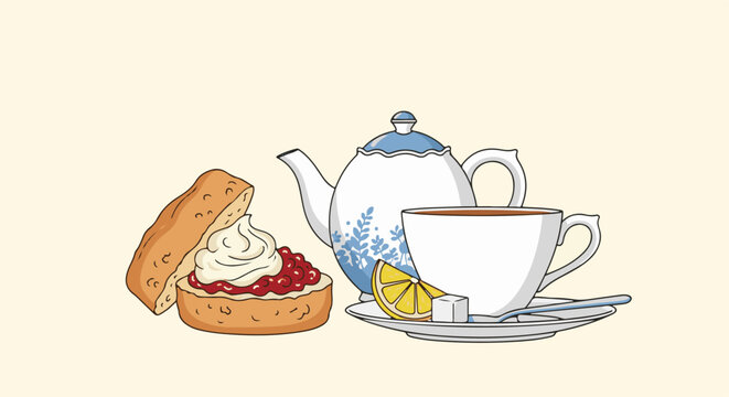 A scone with cream and jam, beside a teapot and tea cup