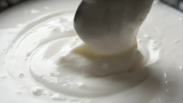 Close-up of Spoon Stirring Smooth Creamy White Yogurt Texture, Food Fermentation Process, Healthful Probiotics